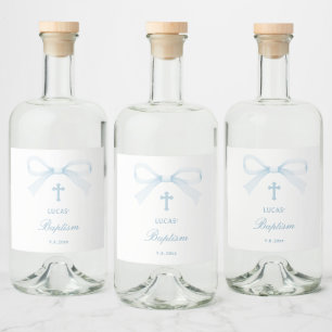Watercolor Blue Bow Baptism Liquor Bottle Label