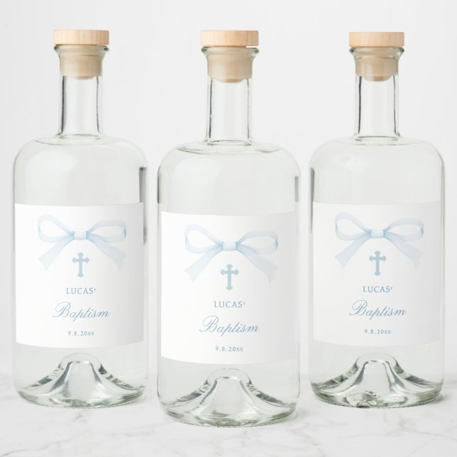 Watercolor Blue Bow Baptism Liquor Bottle Label (Bottles)