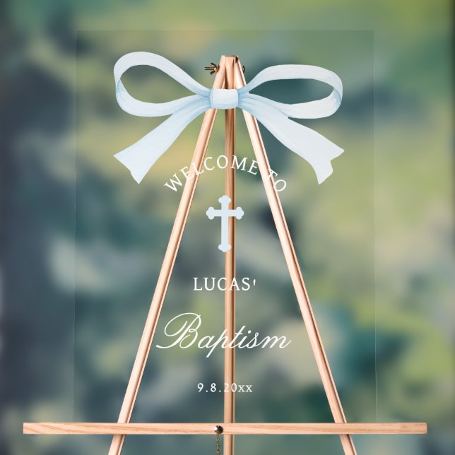 Watercolor Blue Bow Baptism Welcome Acrylic Sign (Neutral)