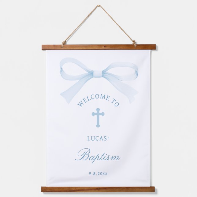 Watercolor Blue Bow Baptism Welcome Hanging Tapestry (Front)