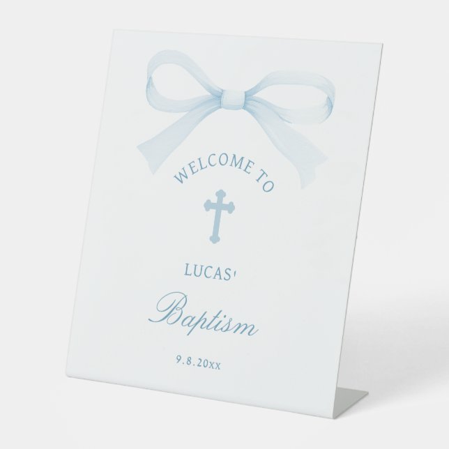 Watercolor Blue Bow Baptism Welcome Pedestal Sign (Front)