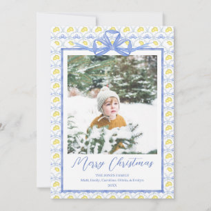 Watercolor Blue Bow Bells Vintage Christmas Photo Holiday Card