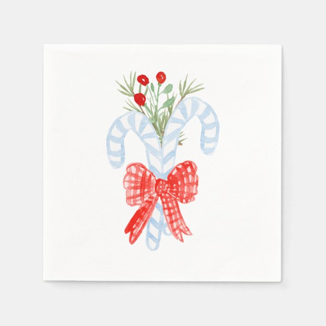 Watercolor Blue Bow Candycane Cocktail Napkins (Front)