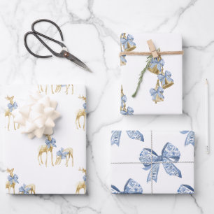 Watercolor Blue Bow Chinoiserie Reindeer and Bells Wrapping Paper Sheet