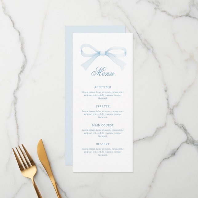 Watercolor Blue Bow Classic Menu (Front/Back In Situ)