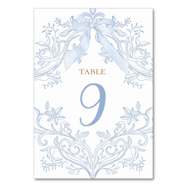  watercolor blue bow elegant table number (Front)