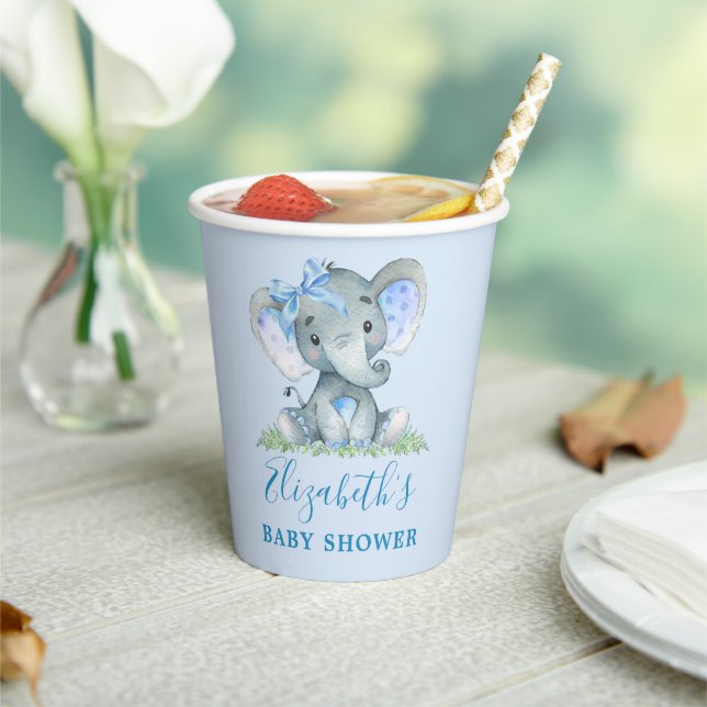 Watercolor Blue Bow Elephant Baby Shower Paper Cups (Insitu)