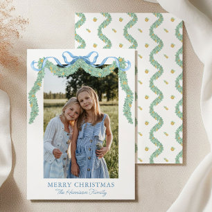 Watercolor Blue Bow Fruit Garland Christmas Photo Holiday Card