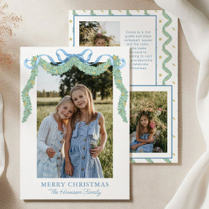 Watercolor Blue Bow Fruit Garland Christmas Photo Holiday Card