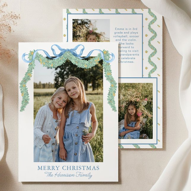 Watercolor Blue Bow Fruit Garland Christmas Photo Holiday Card (Creator Uploaded)