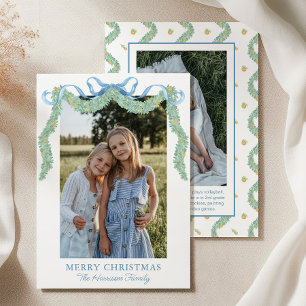 Watercolor Blue Bow Fruit Garland Christmas Photo Holiday Card