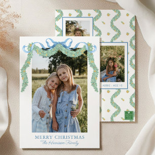 Watercolor Blue Bow Fruit Garland Christmas Photo Holiday Card