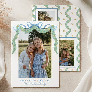Watercolor Blue Bow Fruit Garland Christmas Photo Holiday Card
