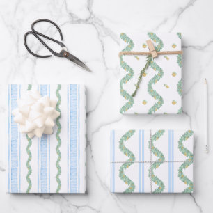 Watercolor Blue Bow Fruit Garland Christmas Wrapping Paper Sheet