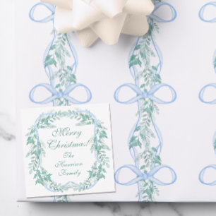 Watercolor Blue Bow Garland Christmas Gift Card