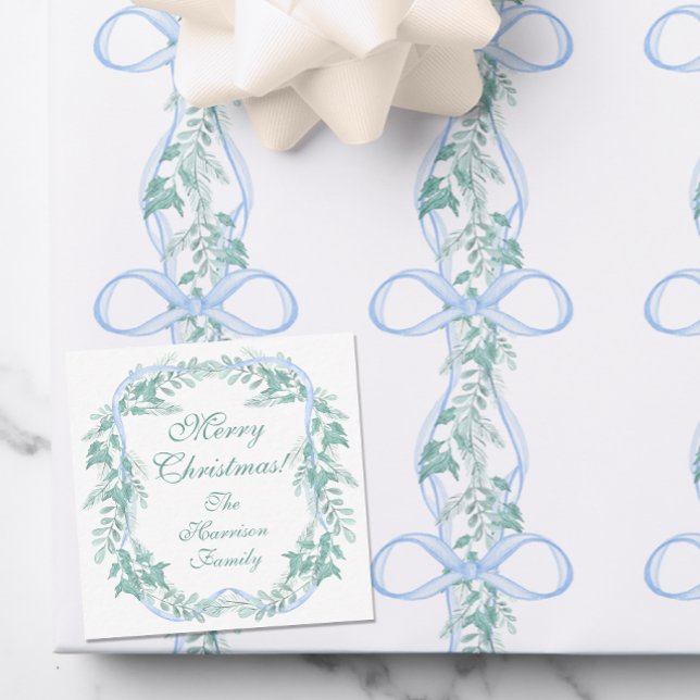 Watercolor Blue Bow Garland Christmas Gift Card (Creator Uploaded)