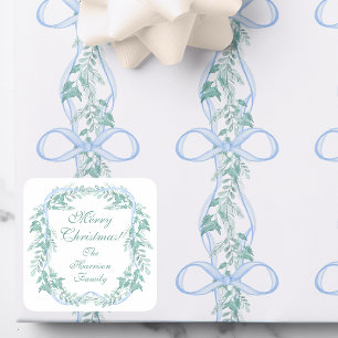 Watercolor Blue Bow Garland Christmas Gift Square Sticker