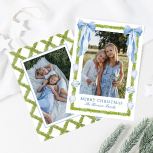 Watercolor Blue Bow Garland Christmas Photo Holiday Card