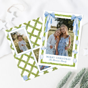 Watercolor Blue Bow Garland Christmas Photo Holiday Card