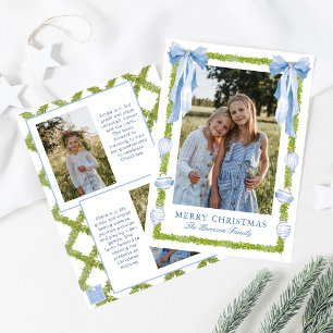 Watercolor Blue Bow Garland Christmas Photo Holiday Card
