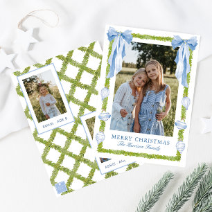 Watercolor Blue Bow Garland Christmas Photo Holiday Card
