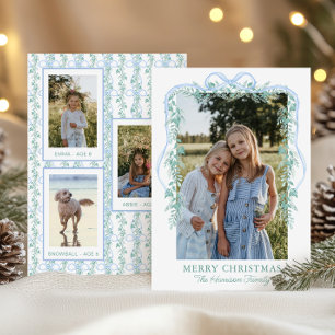 Watercolor Blue Bow Garland Christmas Photo Holiday Card