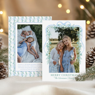 Watercolor Blue Bow Garland Christmas Photo Holiday Card