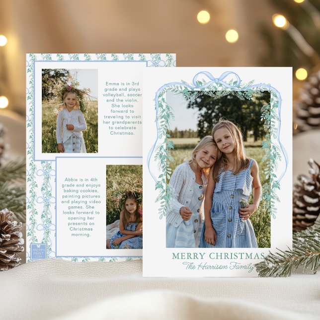 Watercolor Blue Bow Garland Christmas Photo Holiday Card (Creator Uploaded)