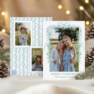 Watercolor Blue Bow Garland Christmas Photo Holiday Card