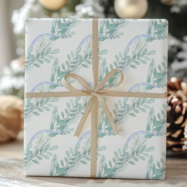 Watercolor Blue Bow Garland Christmas Wrapping Paper (Creator Uploaded)
