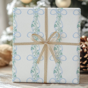 Watercolor Blue Bow Garland Christmas Wrapping Paper