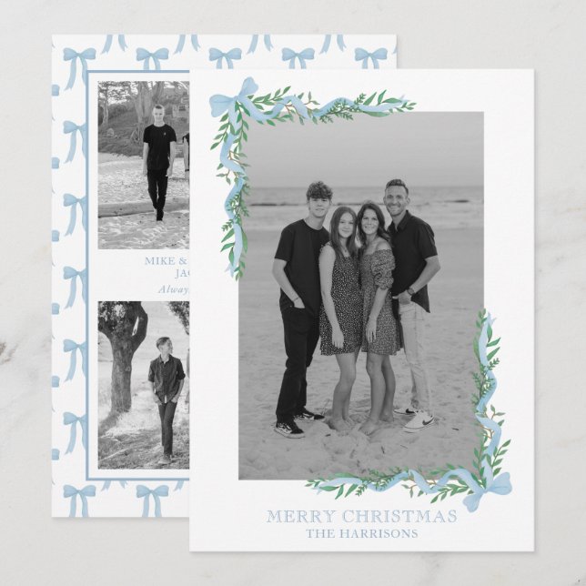 Watercolor Blue Bow Garland Photo Holiday Card (Front/Back)