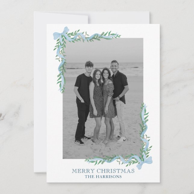 Watercolor Blue Bow Garland Photo Holiday Card (Front)