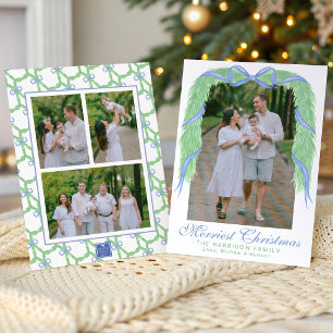 Watercolor Blue Bow Garland Swag Photo Holiday Card