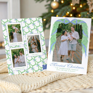 Watercolor Blue Bow Garland Swag Photo Holiday Card