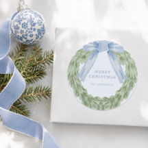Watercolor Blue Bow Greenery Merry Christmas Round