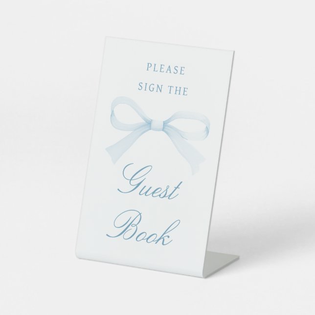 Watercolor Blue Bow Guest Book Pedestal Sign (Front)