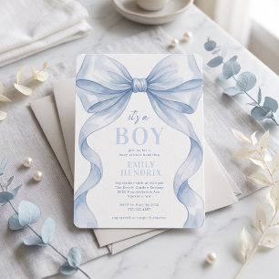 Watercolor Blue Bow Its a Boy Baby Shower Invitation