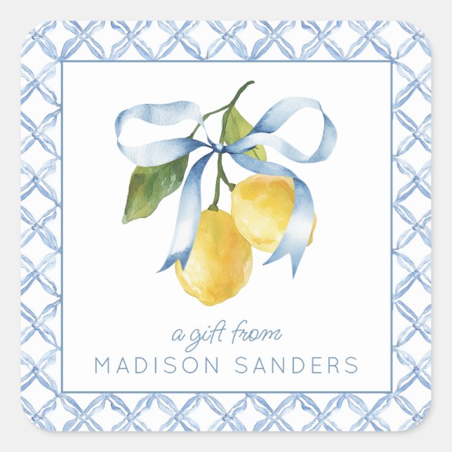 Watercolor Blue Bow Lemons Gift Square Sticker (Front)
