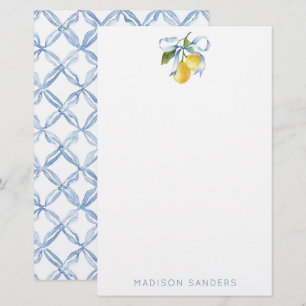 Watercolor Blue Bow Lemons Personalised Stationery