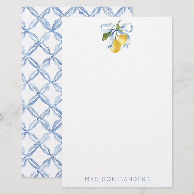 Watercolor Blue Bow Lemons Personalised Stationery (Front/Back)