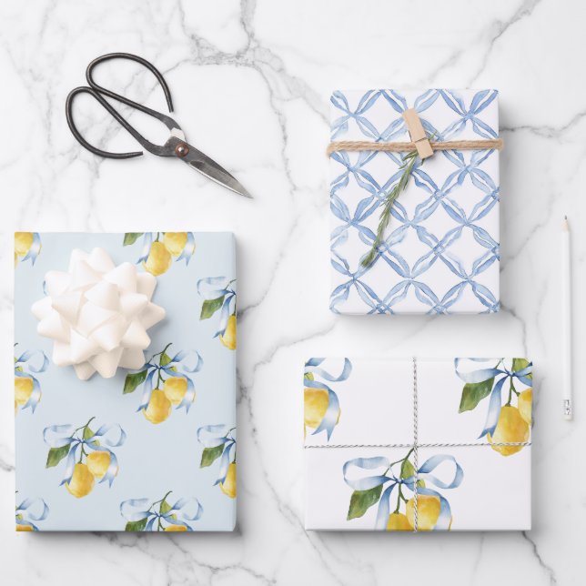 Watercolor Blue Bow Lemons Wrapping Paper Sheet (Front)