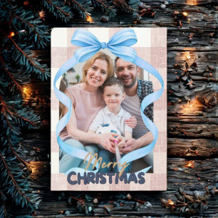 Watercolor Blue Bow Vintage Christmas Photo  Holiday Card