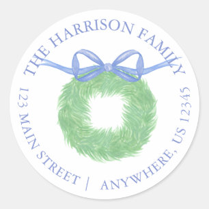 Watercolor Blue Bow Wreath Return Address Classic Round Sticker
