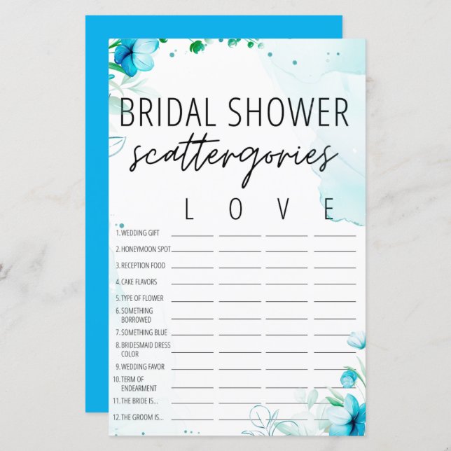 Watercolor Blue Bridal Shower Scattergories Game  (Front/Back)