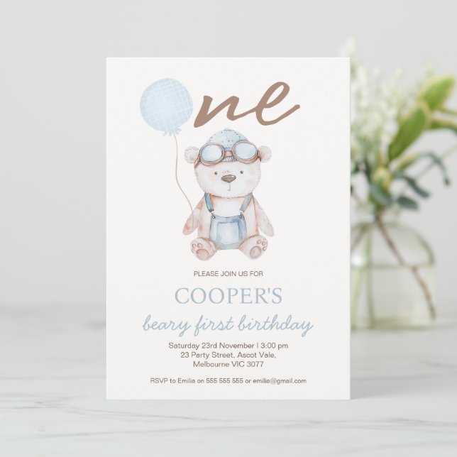 Watercolor Blue Brown Beary First Birthday  Invitation (Standing Front)