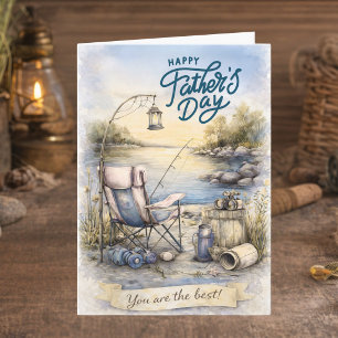 Watercolor Blue Brown Fishing Halppy Father's Day Card