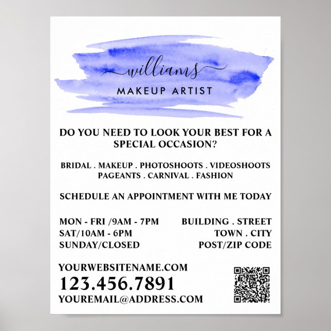Watercolor Blue Brushstroke Makeup Artist Poster (Front)