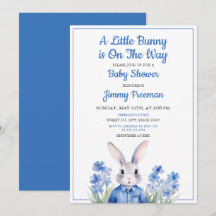 Watercolor Blue Bunny Boy Floral Baby Shower Invitation