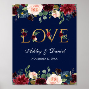 Watercolor Blue Burgundy Floral Gold Love Wedding Poster